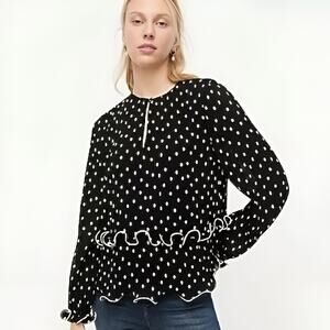 J.Crew Ruffle Trim Pleated Peplum Polka Dot Long Sleeve Top Blouse Black White M